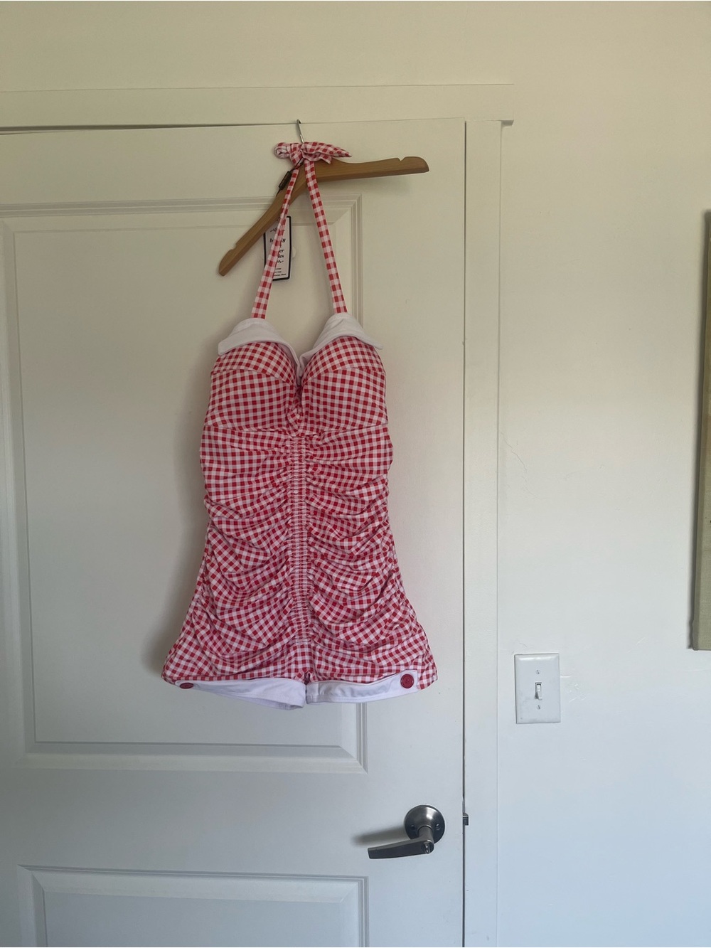Red Gingham Halter Ruched One-Piece Swimsuit